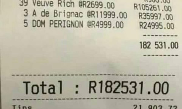 Cheers to Generosity: R182,500 Alcohol Bill & R21,900 Tip for Lucky Waiter!