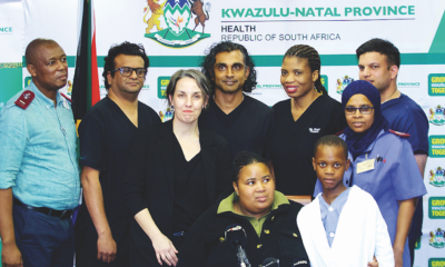 Thobani Ngcobo (CCU nursing operational manager), Dr Yakeen Harilall (head of cardiac perfusion), Dr Alexa de Castro (head of cardiac anaesthesia), Dr Manogran Moopanar (head of the clinical unit, cardiothoracic surgery and congenital cardiac surgeon), Dr Shabalala, Sister Tasneem Metadad (senior cardiac ICU sister), Sister Nokuphiwa Shazi (operational nursing manager for the cardiac surgical theatre), and Dr Linda Mtshali (acting CEO of Inkosi Albert Luthuli Hospital), together with Siyabonga Mthethwa (10).