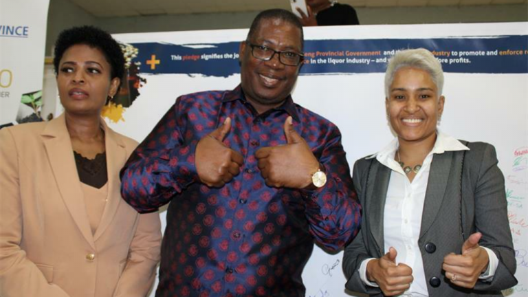 Thobile Magerman with Premier Panyaza Lesufi and Tasneem Motara, the MEC for Economic Development after signing the pledge