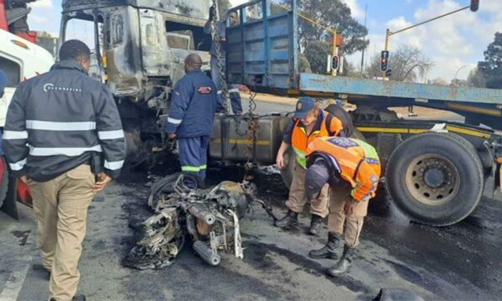 The City of Ekurhuleni emergency services rescue team responded to a crash involving a motorbike and interlinked truck, at the corner of Jack and Refinery roads in Germiston, on August 10.