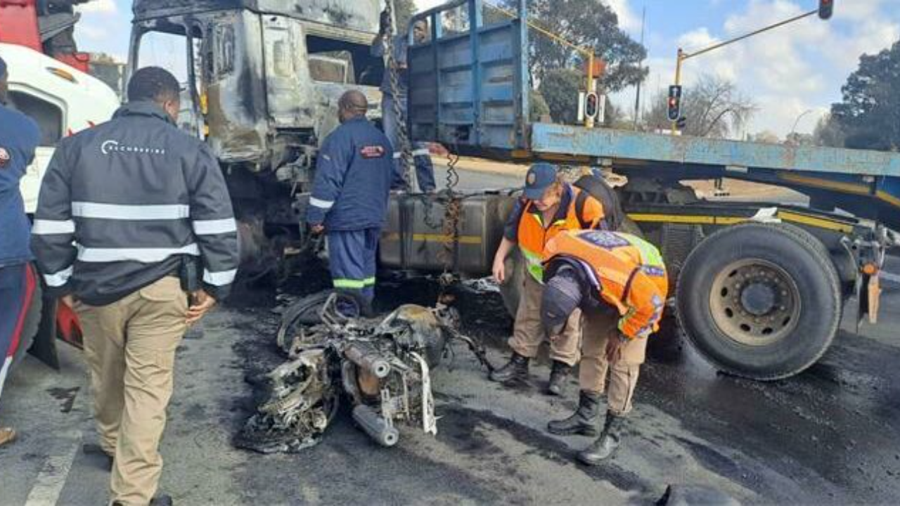 The City of Ekurhuleni emergency services rescue team responded to a crash involving a motorbike and interlinked truck, at the corner of Jack and Refinery roads in Germiston, on August 10.