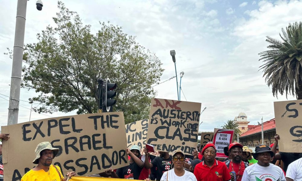 pro-Palestinian supporters show solidarity at Mary Fitzgerald Square