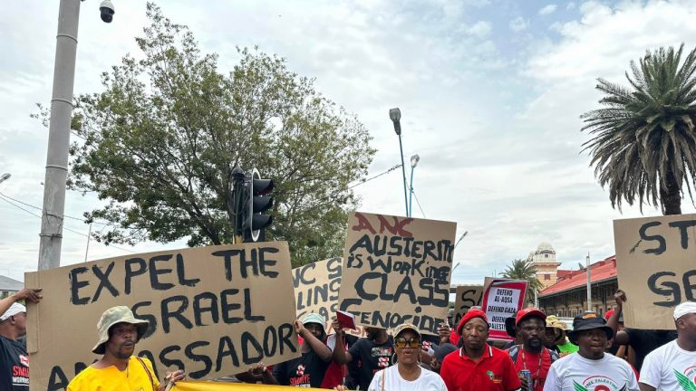 pro-Palestinian supporters show solidarity at Mary Fitzgerald Square